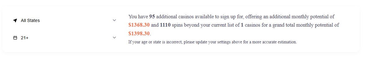 Dashboard calculator showing estimated sweepstakes casino bonus availability by state and age
