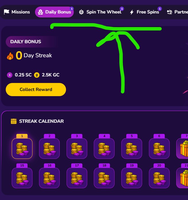 Daily bonus button location